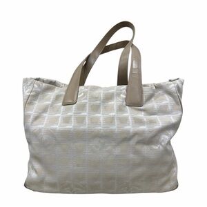 Authentic CHANEL Travel Line Tote Beige Nylon Jacquard & Leather Trim Bag CC